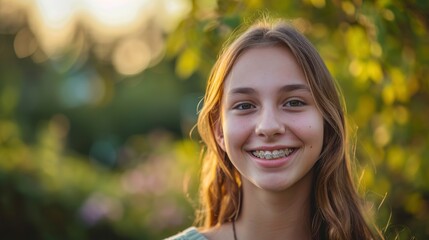 Naklejka premium A Pretty Teenage Girl With Braces Smiles Cheerfully, Her Face Radiant With Happiness