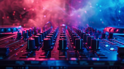 A close-up of a soundboard with glowing knobs