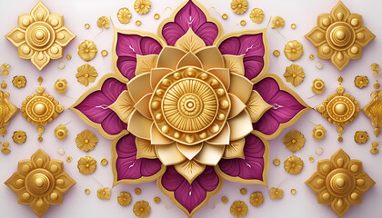 Ornate Gold Lotus Flower Design With Pink Petals on White Wall. Festival Greeting card and banner