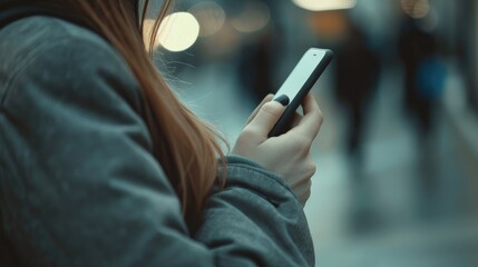 Selective focus on woman s hand with mobile phone toned image with empty space