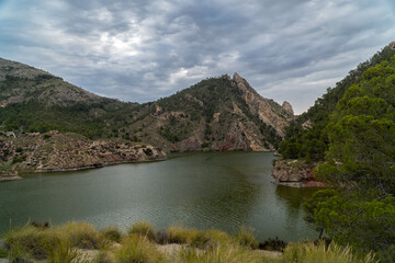 Obraz premium Aerial view to a landscape with a lake, in Pantano de Tibi, Alicante (Spain). 
