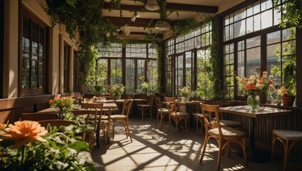 Fototapeta premium cozy corner in a quaint garden cafe, featuring tables adorned with elegant floral centerpieces, surrounded by lush greenery and dappled sunlight filtering through overhead trellises