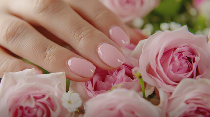 Obraz premium Hands of a woman with pink manicure on nails and roses