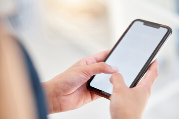 Hands, business woman and phone screen with mockup space, texting and message to contact. Person, closeup and trader with cellphone, tech and digital app for online banking and search for information