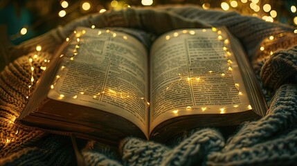 Obraz premium Magical Open Book on a Wooden Table Mystical Glow and Sparkles Imagination and Wisdom in a Dark Fantasy Library
