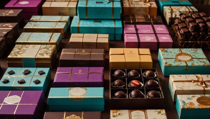 gourmet chocolate shop, featuring rows of indulgent truffle boxes and artisanal chocolate bars wrapped in vibrant, foil-stamped packaging, set against a backdrop of vintage-insp