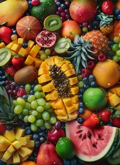 A vibrant, detailed abstract of a variety of fresh fruits with water droplets, suitable as a natural background or food wallpaper