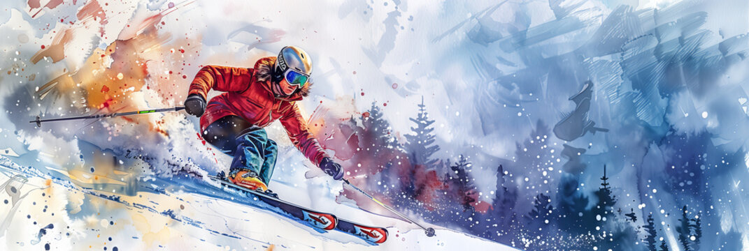Watercolor painting of an athlete skiing down a snowy mountain.