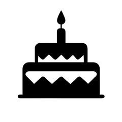 Black vector illustration of a birthday cake with a candle on top on a transparent background. Ideal for celebration themes, party invitations, and festive graphics