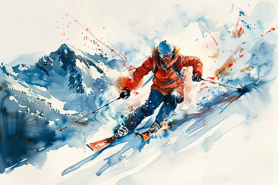 Watercolor painting of an athlete skiing down a snowy mountain.