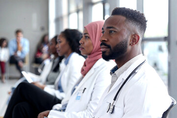 A group of medical professionals, including a man in a white coat, sit and listen attentively during a trade conference.