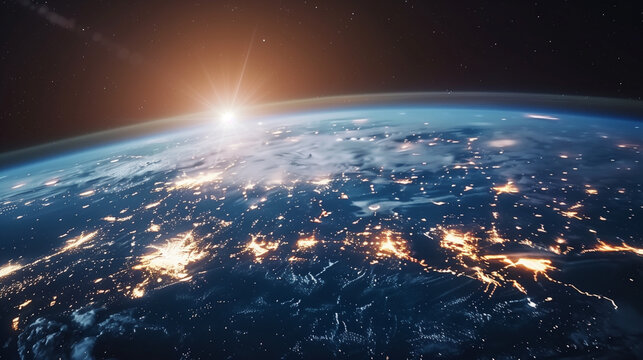 Global network on earth from space, world finance connectivity, business trading, telecommunications, 4k realistic style