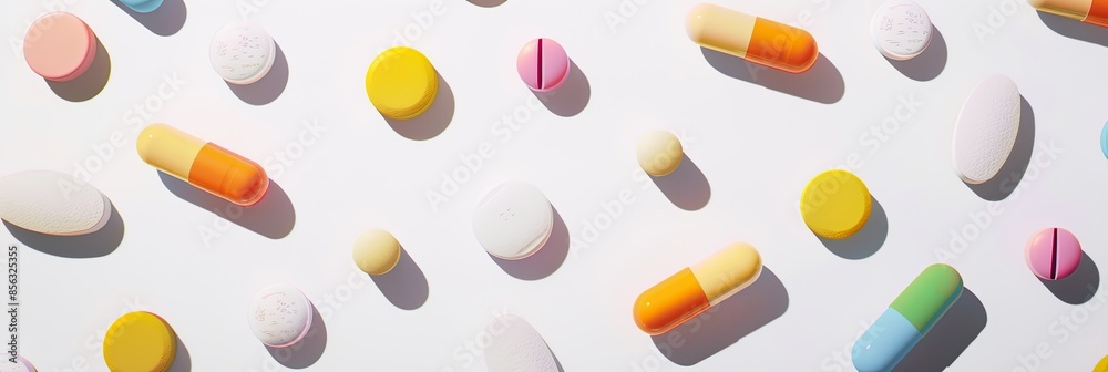 Leinwandbilder A close-up image of colorful pills and capsules scattered on a white background. The focus is on the texture and details of the tablets, creating a bright and clinical atmosphere. Generative AI