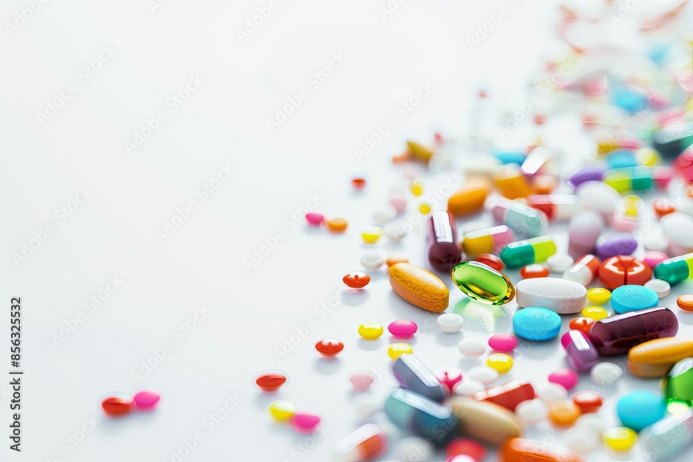 Poster close-up photo of colorful pills scattered on white surface highlights texture and details, creating
