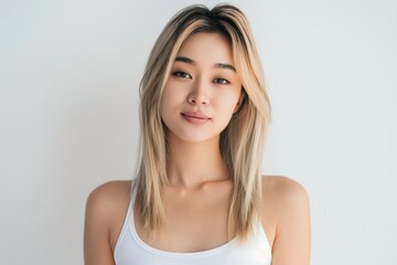 Fototapeta premium Young asian woman with blonde hair is posing in a white tank top against a white background, her neutral expression both serene and captivating