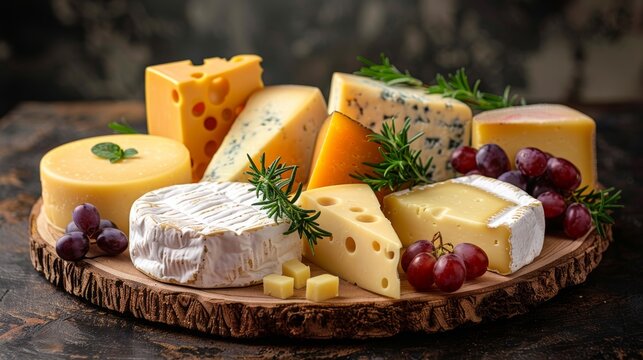 cheese night inspiration, varieties of cheese like brie, cheddar, and gouda arranged on a rustic board, perfect for a chill evening in or a gathering with friends
