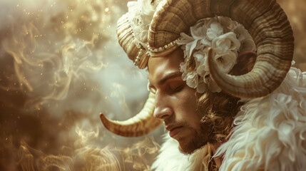 Man in the image of a zodiac sign Aries on blurred background