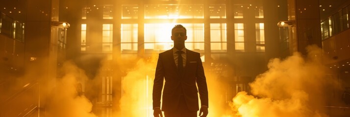 Silhouette of a successful businessman in a suit walking confidently into a building at sunrise, symbolizing ambition, leadership, and professional achievement, Generative AI
