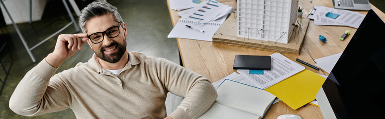 A handsome businessman with a beard adjusts his glasses while working at his desk in a modern...