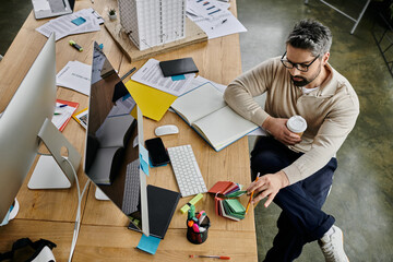A handsome businessman with a beard sits at a cluttered desk in a modern office, surrounded by...
