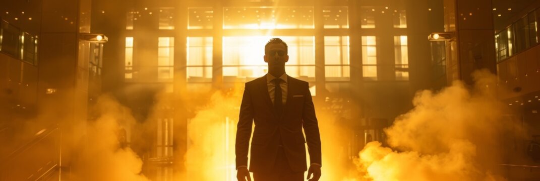 Silhouette of a successful businessman in a suit walking confidently into a building at sunrise, symbolizing ambition, leadership, and professional achievement, Generative AI