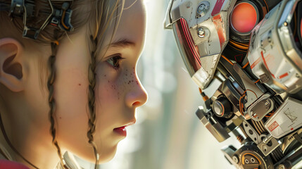 Cute little girl stands next to friendly robot. Concept of future technology in which AI will become part of everyday life. Selectiv focus. Close up. Generative AI