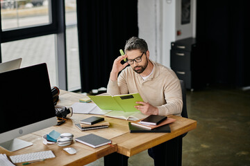 A handsome businessman with a beard sits at a desk in a modern office, intently reading a book. He is wearing glasses and has a thoughtful expression.