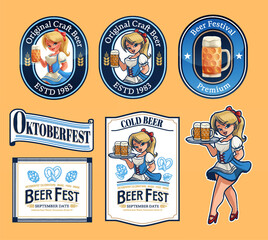 set of beer labels with blonde girl mascot