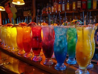 A dazzling display of colorful drinks, serving as a vibrant abstract backdrop or wallpaper for a festive atmosphere