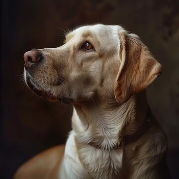 Image of a white brown Golden Retriever dog looking to the left with a black background