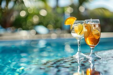 Two refreshing drinks on a poolside table with a sunlit water background, creating an abstract wallpaper effect for a leisurely ambiance