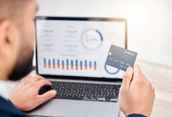 Businessman, laptop and credit card for online shopping in payment, e commerce on laptop for fintech. Male person, banking and investing in retail sale for discount, savings for company or project