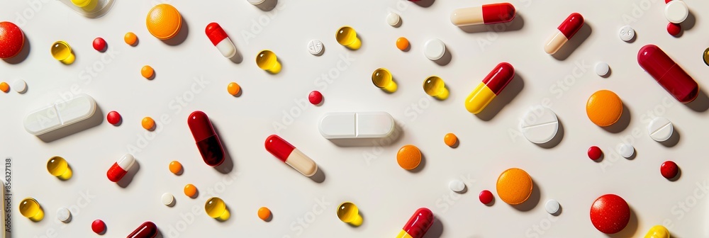 Poster assorted colorful pills and capsules are shown in close-up on a white surface, highlighting their de