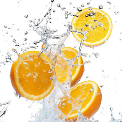 Fresh Orange Slices with Splashing Water Against Transparent Background. Perfect for fresh juice advertisements, healthy living concepts, or vibrant food and beverage packaging designs.
