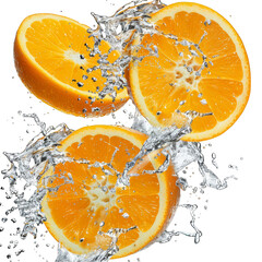 Fresh Orange Slices with Splashing Water Against Transparent Background. Perfect for fresh juice advertisements, healthy living concepts, or vibrant food and beverage packaging designs.