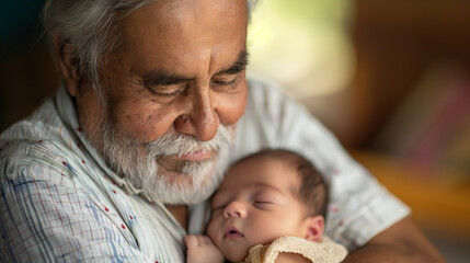Latino grandfather holds infant granddaughter with text space