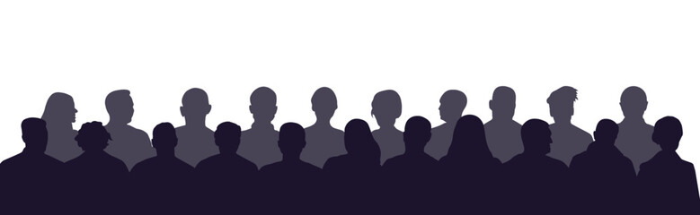 Crowd of people in the auditorium, silhouette of men and women sitting in two rows. Vector illustration.
