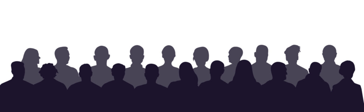 Crowd of people in the auditorium, silhouette of men and women sitting in two rows. Vector illustration.
