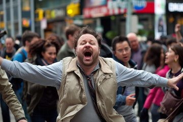 Fototapeta premium Man with arms outstretched in a crowded city street