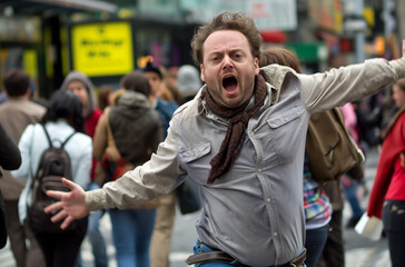 Obraz premium Man with arms outstretched in a crowded city street