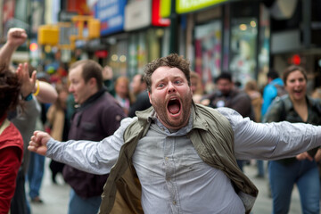 Obraz premium Man with arms outstretched in a crowded city street