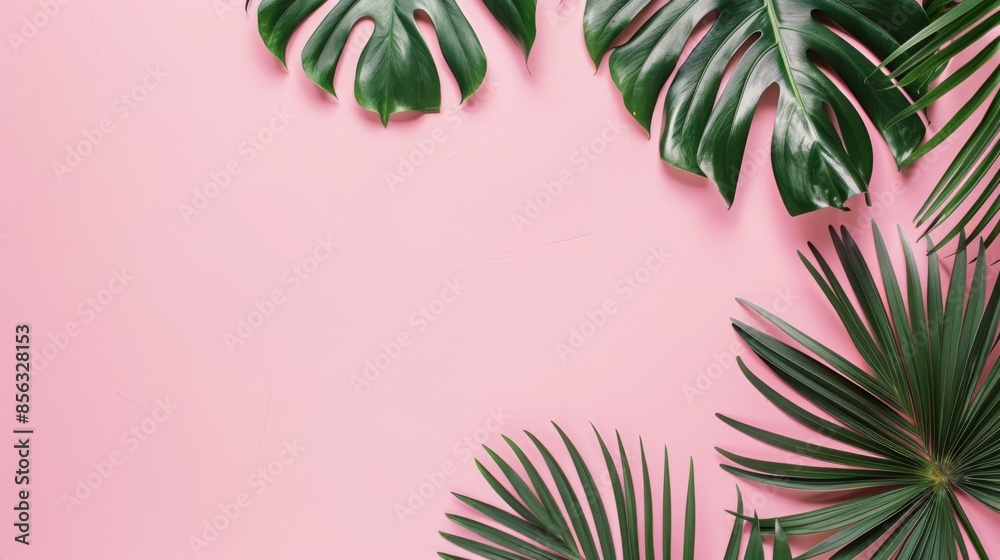 Wall mural Tropical leaves Monstera on pink pastel color background. Flat lay, top view,