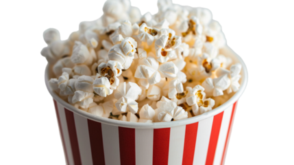 striped popcorn cup full of popcorn Close up isolated on white background, generative ai , movie time
