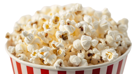 striped popcorn cup full of popcorn Close up isolated on white background, generative ai , movie time