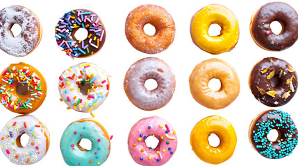 Fototapeta premium Colorful Row of Assorted Donuts with unique flavors and garnishes on White Background