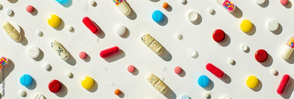 Aufkleber close-up shot of colorful pills and capsules on a white surface, highlighting texture and details, c