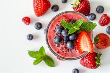 Glass of strawberry smoothie is surrounded by fresh strawberries, blueberries, raspberries and mint leaves, creating a vibrant and healthy snack or breakfast option