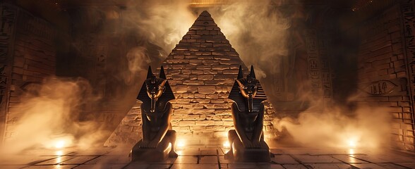 Anubis of Ancient Egypt (God of Death). Dark abstract Egyptian background, dark room with smoke, pyramid, rays of light - Generative AI