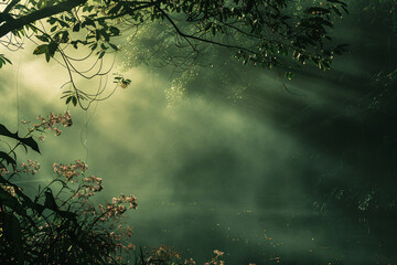 Sun rays piercing through the mist in a forested area creating a magical, ethereal effect