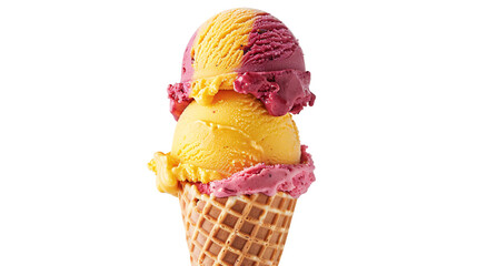Mango and Raspberry ice cream in waffle cones on white background